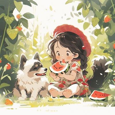 狗狗吃瓜动漫图片高清,动漫萌宠的夏日狂欢时光